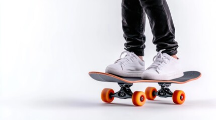 A person standing on a skateboard, ready to ride.