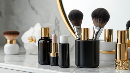 A collection of sleek supplement bottles arranged alongside a set of high-end makeup brushes on a vanity table. Focus on the elegant and sophisticated look. 