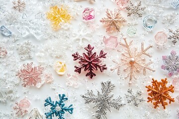 A festive collection of glittering snowflakes in various colors and sizes, arranged on a white background.