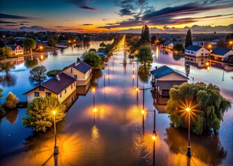 Naklejka premium Aerial Dusk: Flooded Street, Houses & Streetlights - Dramatic Flood Scene Stock Photo