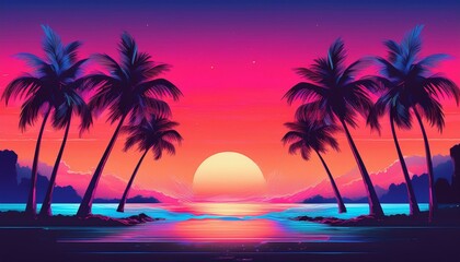 Tropical beach with palm trees silhouette at sunset background - Tropical sunset with trees