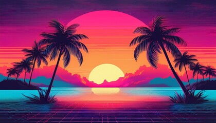 Tropical beach with palm trees silhouette at sunset background - Tropical sunset with trees