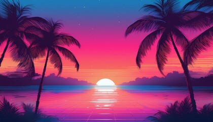 Tropical beach with palm trees silhouette at sunset background - Tropical sunset with trees