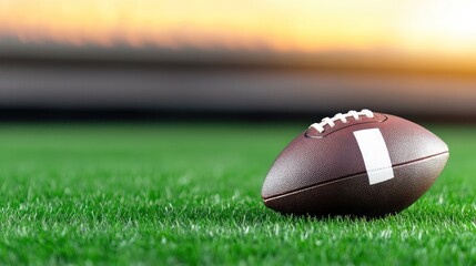 A football resting on a grassy field at sunset.
