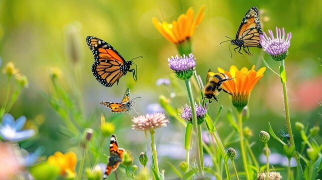 A close-up of bees and butterflies pollinating flowers