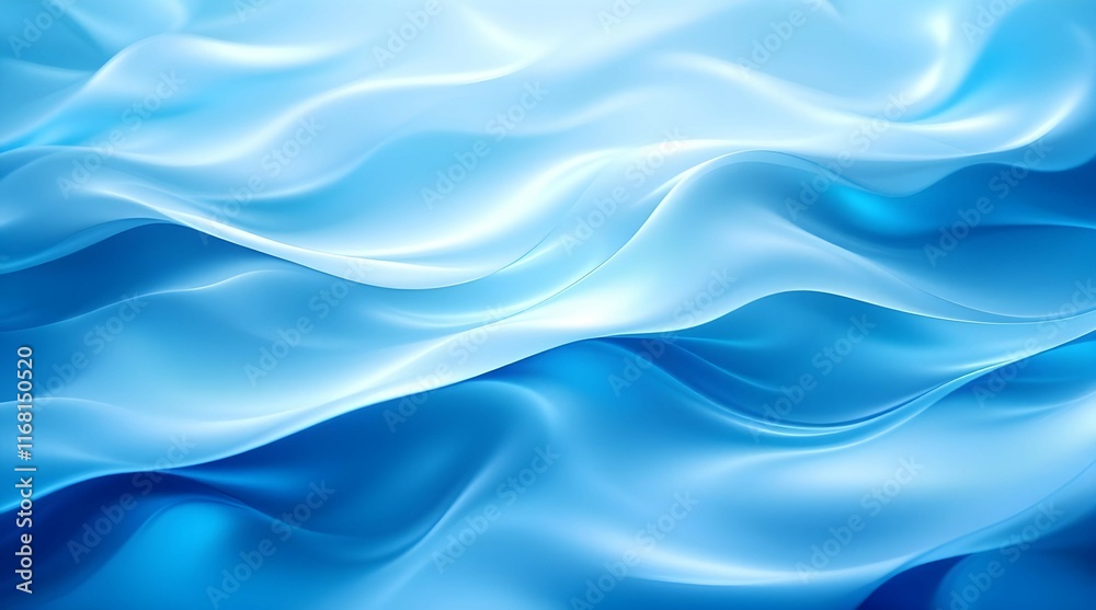 Poster pastel light blue background with flowing waves and soft highlights. elegant, minimalist design evok