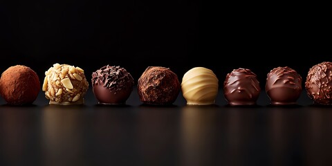 A delectable row of assorted gourmet chocolates, each truffle meticulously crafted, showcasing a variety of textures and flavors.