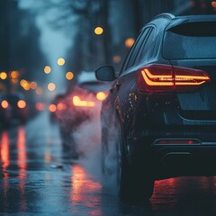Obraz premium Rainy night city traffic; rear view of a dark SUV with taillights glowing, blurred city lights reflecting on wet asphalt.