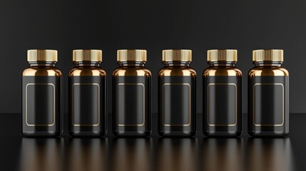 Rows of identical dietary supplement bottles with metallic finishes Place it diagonally on a black surface.