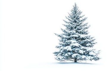 Fototapeta premium A snow-covered evergreen tree stands alone against a white background, a serene winter scene.