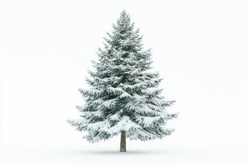 A snow-covered evergreen tree stands tall against a bright white background, showcasing winter's beauty.