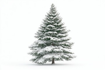 A majestic evergreen tree covered in a thick blanket of pristine snow, standing tall against a bright white background.