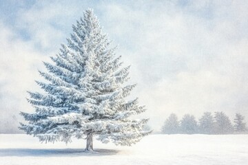 A lone snow-covered fir tree stands majestically in a serene winter landscape.