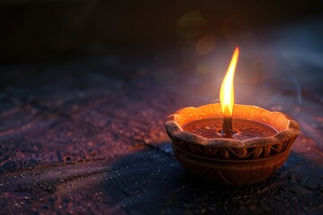 Close up of lit clay diya on Diwali festival.