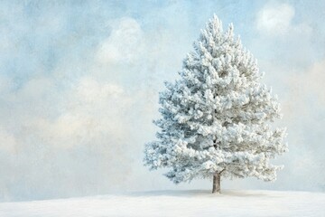 Fototapeta premium A snow-covered pine tree stands alone in a serene winter landscape under a pale sky.