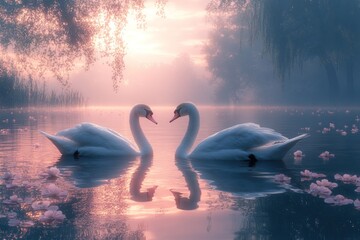 Fototapeta premium Elegant swans gracefully swimming in a serene misty lake at dawn