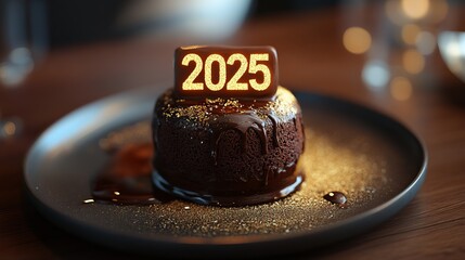 A chocolate lava cake with "2025" glowing in edible gold powder on top