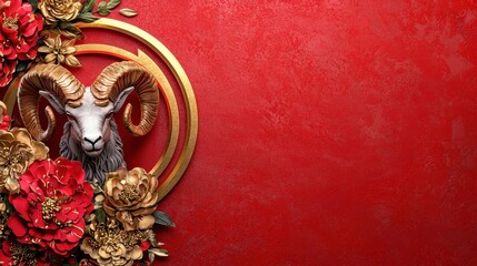 Indoor Celebration Red Background Featuring Ram and Floral Decor
