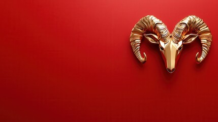 Naklejka premium Symbolic Golden Ram Head Sculpture Artistic Design on Red Background