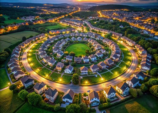 Aerial Night View: Circular Exeter Homes, Green Lawns, Winding Roads