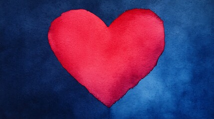 Watercolor painting of a red heart on a dark blue background.