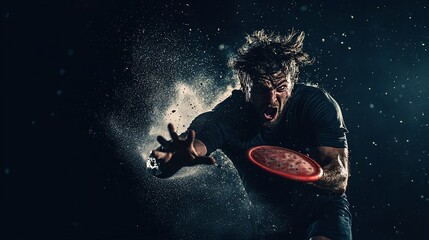 Intense man playing ultimate frisbee, dust flying.
