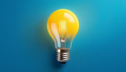Light bulb on green background with copy space. Glowing light blue symbol of new idea, creativity, innovation, concept, technology, equipment, glowing, inspiration, invention, solution, 