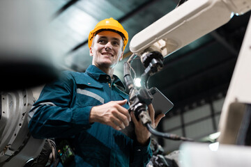 Robotic engineer automatic mechanic checking quality system of automation robot arms machine in...