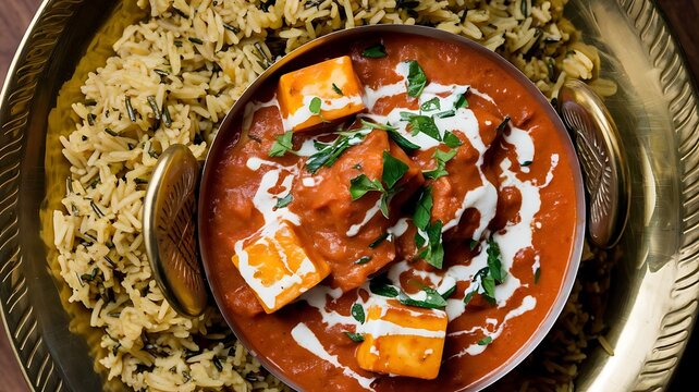 A vibrant paneer butter masala curry, topped with cream and herbs, paired with fragrant cumin rice on a brass plate