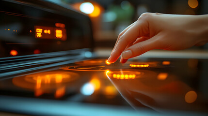 Woman activating modern electric stovetop burner