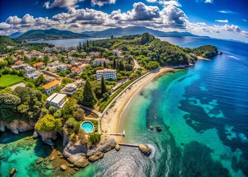 Aerial Panoramic View of Glyfada Beach, Corfu Island, Greece - Summer Holiday Destination