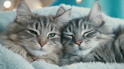 Two Cats Cuddling on Soft Blanket Together