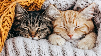 Two Cats Cuddling Together on a Soft Blanket