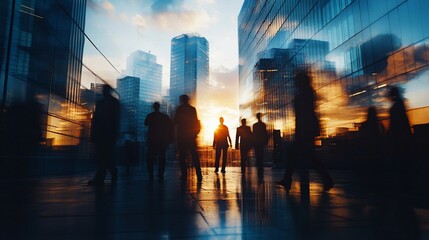 Obraz premium Silhouetted businesspeople walking in a modern city at sunset.