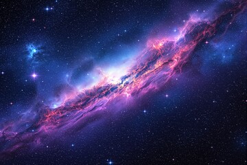 Obraz premium Stunning cosmic nebula with vibrant pink and purple hues, glowing amidst countless stars in the vast deep blue universe. Concept of space beauty. Ai generative