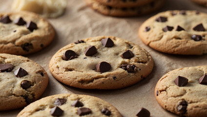 Freshly Baked Chocolate Chip Cookies on Parchment Paper