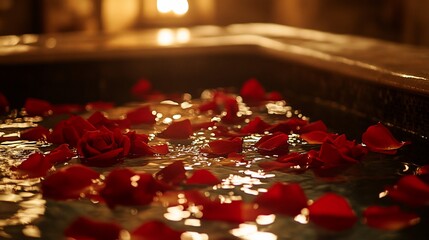 Romantic bath with red rose petals and warm lighting.