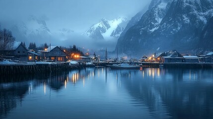 Fototapeta premium Snowy village at night by calm water, reflecting lights and mountains.