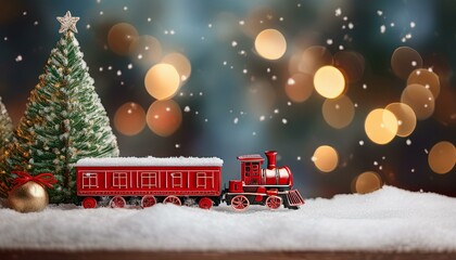 Mini Red toy train and Christmas tree in snow on blurred lights background. 