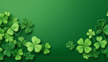 Banner with lucky shamrock leaves on green background. St patricks day background