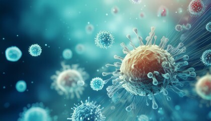 Fototapeta premium Close up banner of floating virus cells, bacteria, microbes