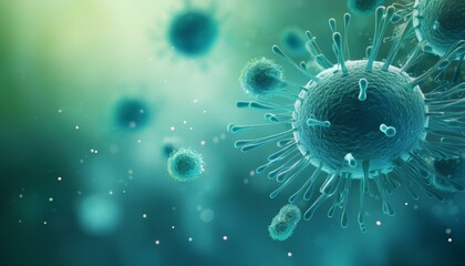 Obraz premium Close up banner of floating virus cells, bacteria, microbes