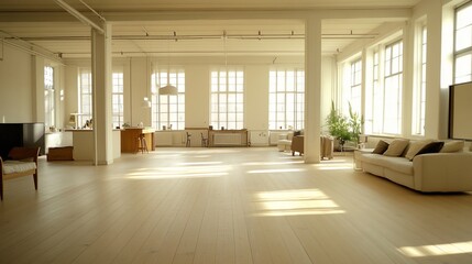Fototapeta premium Sunlit spacious loft apartment with hardwood floors, large windows, and minimalist furniture.