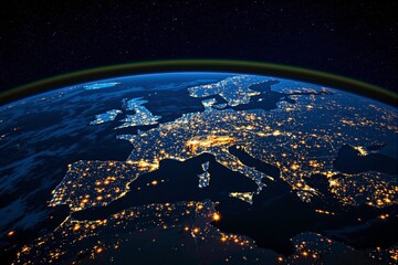 Obraz premium A breathtaking view of Europe from space, showcasing city lights glowing at night, surrounded by a starry sky and atmospheric glow. Concept of urbanization and energy. Ai generative