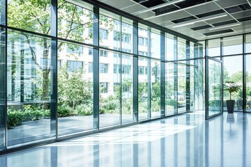 Bright office space with glass walls, natural light, and outdoor greenery in the background. Clean and modern style, concept of sustainability. Ai generative