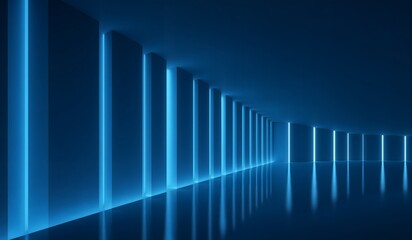 A futuristic, illuminated corridor with glowing blue vertical light panels reflecting on the glossy floor, evoking modernity and symmetry.