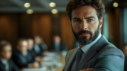 Fototapeta premium Confident businessman in a grey suit looking at the camera