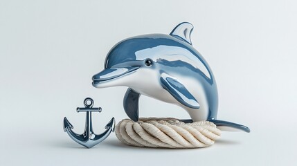 Blue dolphin figurine with anchor and rope on white background.