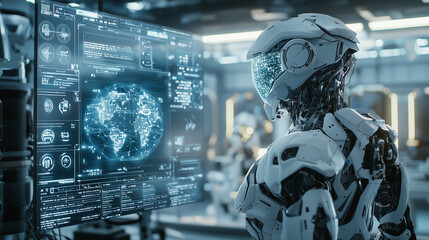 Global Control: A futuristic robot with a sleek, white exosuit analyzes data on a holographic display depicting a glowing digital globe. This captivating image evokes themes of technology.