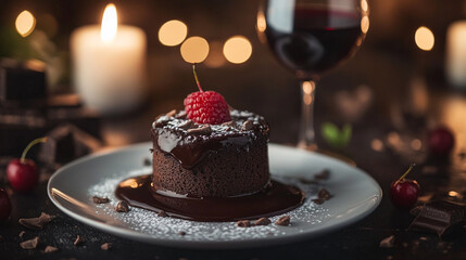 Decadent chocolate dessert with fresh raspberry and red wine in a cozy setting
